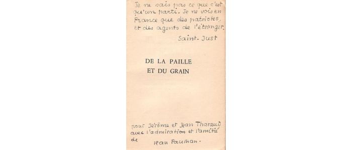 PAULHAN : De la paille et du grain - Autographe, Edition Originale - Edition-Originale.com