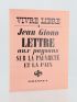 GIONO : Lettre aux Paysans sur la Pauvreté et la Paix - Edition Originale - Edition-Originale.com