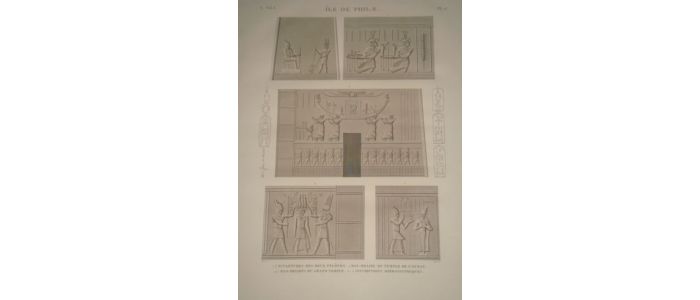 DESCRIPTION DE L'EGYPTE.  Ile de Philae. Sculptures des deux pylônes, Bas-relief du temple de l'ouest, Bas-reliefs du grand temple, Inscriptions hiéroglyphiques. (ANTIQUITES, volume I, planche 12) - Prima edizione - Edition-Originale.com