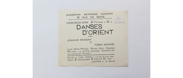 DUNCAN : Invitation aux représentations des danses d'Orient créées par Jeanne Ronsay et Toshi Komori à l'Akadémia de Raymond Duncan - First edition - Edition-Originale.com