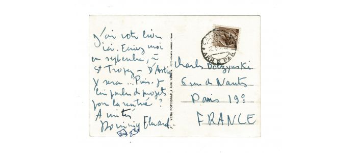ELUARD : Carte postale autographe signée datée du 25 août1953 adressée au poète Charles Dobzynski - Signiert, Erste Ausgabe - Edition-Originale.com