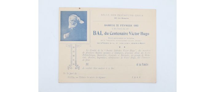 HUGO : Carton d'invitation au bal du centenaire de Victor Hugo - Edition Originale - Edition-Originale.com