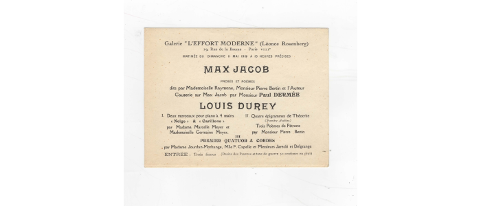 JACOB : Carton d'invitation à la soirée Max Jacob à la galerie de L'effort moderne de Léonce Rosenberg - Prima edizione - Edition-Originale.com