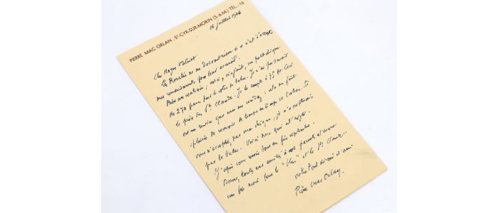 MAC ORLAN : Lettre autographe datée et signée au jeune poète artésien Roger Valuet qui est son pourvoyeur en tabac de la marque St Claude : 