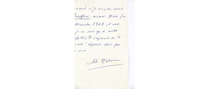 MALRAUX : Lettre autographe datée et signée à André Parinaud à propos d'un article de presse paru dans le journal gaulliste Carrefour du 20 décembre 1949 - Autographe, Edition Originale - Edition-Originale.com