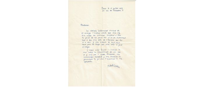 MARCEAU : Lettre autographe signée datée du 15 juillet 1953 - Signed book, First edition - Edition-Originale.com