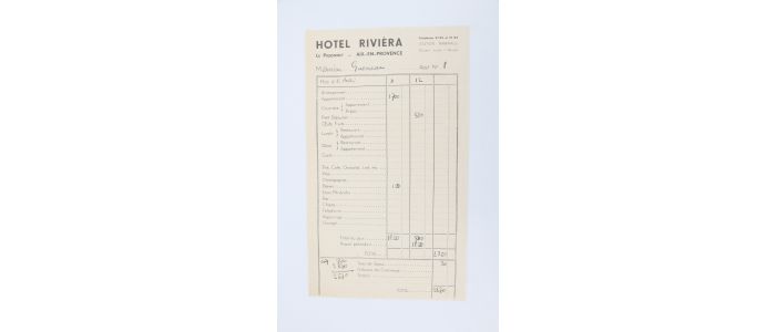 QUENEAU : Note d'hôtel de Raymond Queneau de passage à Aix-en-Provence - Edition Originale - Edition-Originale.com