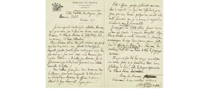 RACHILDE : Lettre autographe signée à propos de Claude Farrère : 