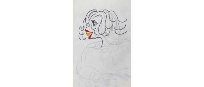 RIM : Dessin original au crayon de papier rehaussé aux feutres noir, rouge et jaune représentant Mistinguett; l'esquisse d'un portrait d'Antonin Artaud figurant au dos - Autographe, Edition Originale - Edition-Originale.com