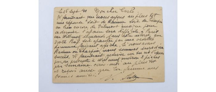 SCOTTO : Carte postale autographe signée à son grand ami Carlo Rim concernant un projet de film avec Edith Piaf et Raimu ou Charpin : 