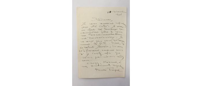 TROYAT : Lettre autographe signée à propos d'informations concernant Dostoïevsky en vue de l'écriture d'une biographie  - First edition - Edition-Originale.com