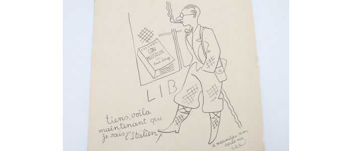VOX : Amusant dessin original au stylo bille bleu représentant Carlo Rim passant devant une librairie  - Autographe, Edition Originale - Edition-Originale.com