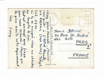 DURRELL : Carte postale autographe signée de Lawrence Durrell adressée à Jani Brun : 