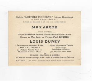 JACOB : Carton d'invitation à la soirée Max Jacob à la galerie de L'effort moderne de Léonce Rosenberg - Prima edizione - Edition-Originale.com