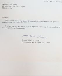 LEVI-STRAUSS : Lettre autographe datée, signée et adressée à Jani Brun depuis le Collège de France  - Autographe, Edition Originale - Edition-Originale.com