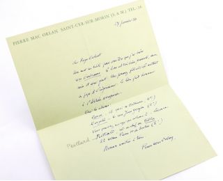 MAC ORLAN : Lettre autographe datée et signée au jeune poète artésien Roger Valuet le félicitant pour son dernier recueil de poèmes qu'il vient de recevoir  : 