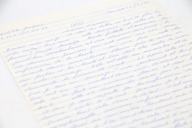 MESRINE : Belle lettre d'amour autographe datée et signée de Jacques Mesrine, toute empreinte de révolte contre les journalistes et pleine d'admiration pour les infimières, écrite depuis la prison de Fleury-Mérogis et adressée à sa compagne Jeanne Schneider : 