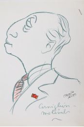 RIM : Dessin original au crayon bleu rehaussé aux crayons rouge et or représentant l'aviateur et homme politique Edouard Corniglion-Molinier - Autographe, Edition Originale - Edition-Originale.com