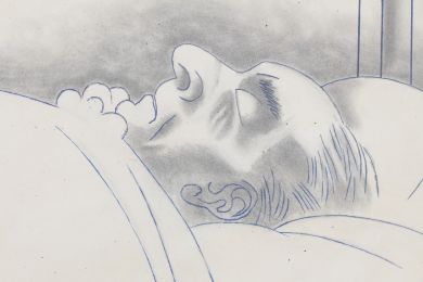 RIM : Dessin original au stylo bille bleu rehaussé au crayon noir représentant son grand ami Raimu sur son lit de mort - Signed book, First edition - Edition-Originale.com
