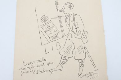 VOX : Amusant dessin original au stylo bille bleu représentant Carlo Rim passant devant une librairie  - Autographe, Edition Originale - Edition-Originale.com