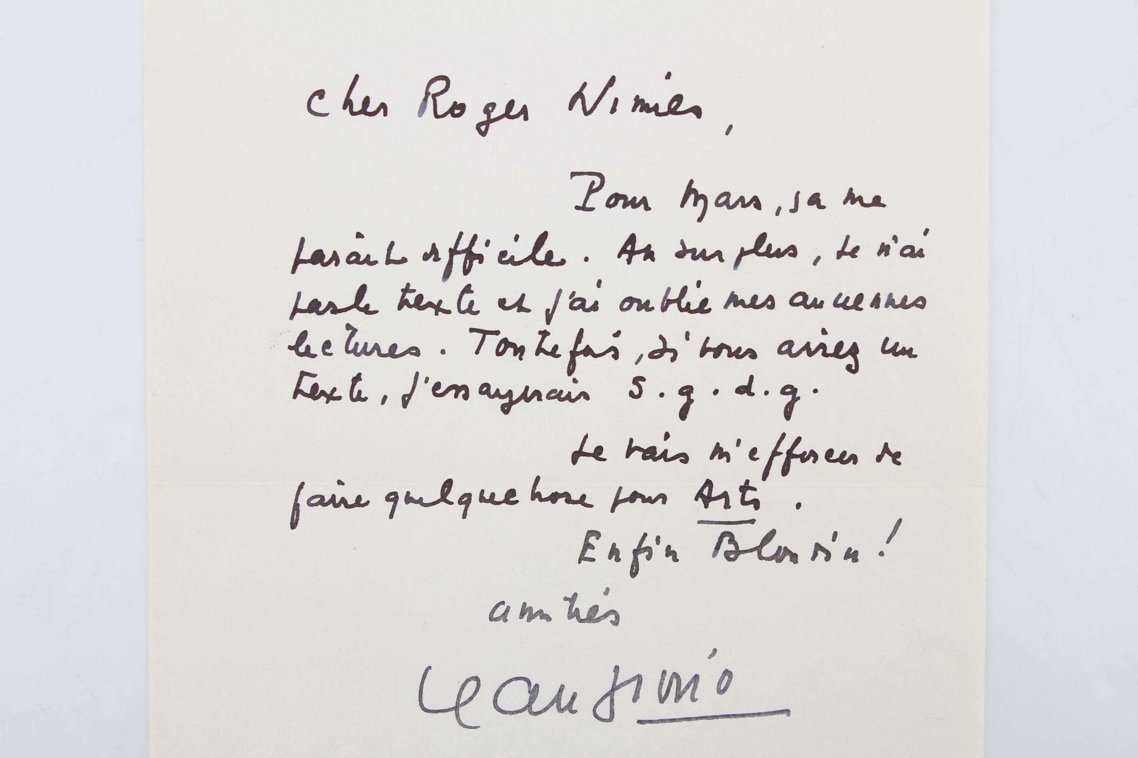 GIONO : Lettre autographe signée adressée à Roger Nimier : 