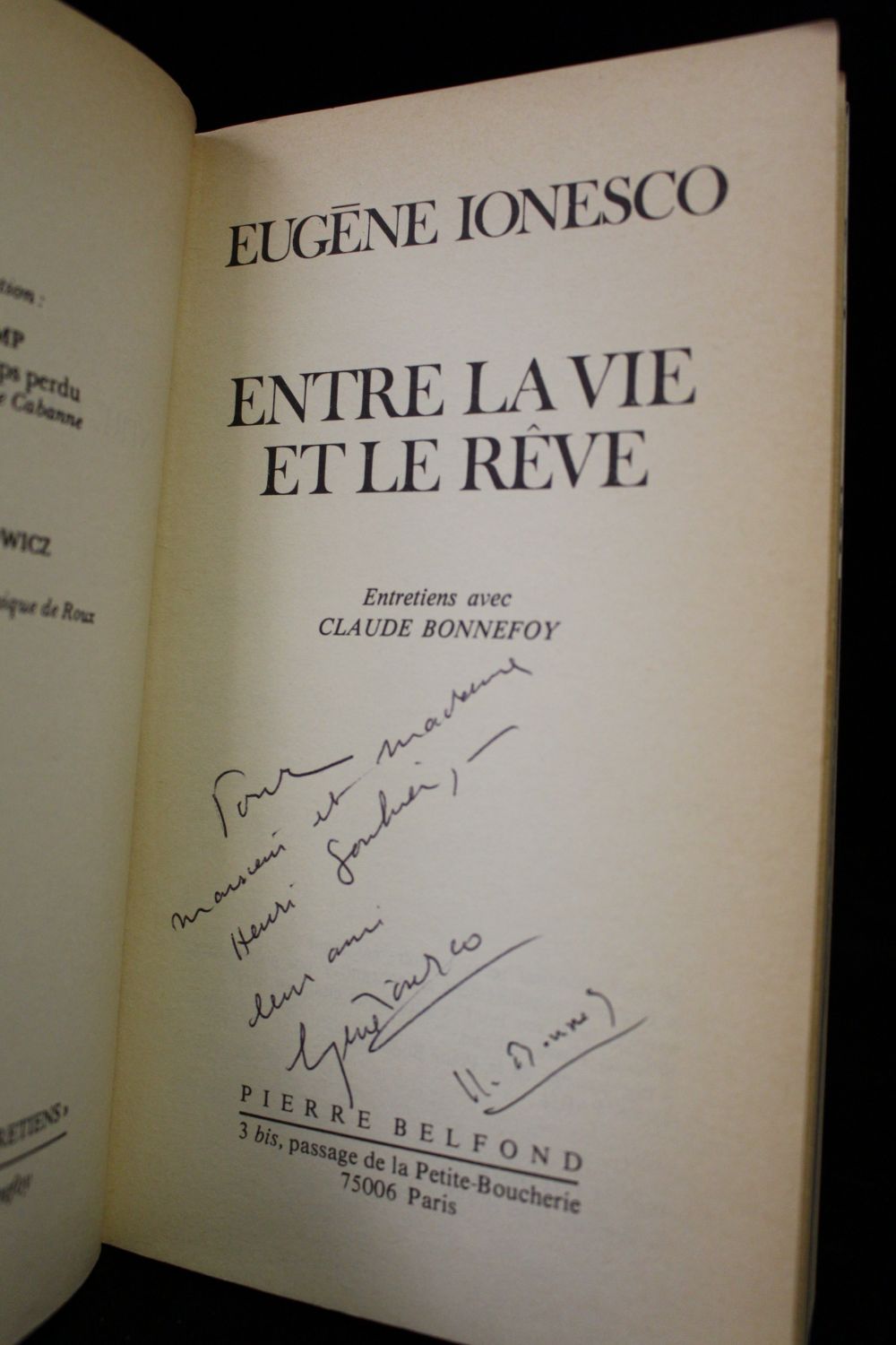 Ionesco Entre La Vie Et Le Reve Entretiens Avec Claude Bonnefoy Signed Book Edition Originale Com