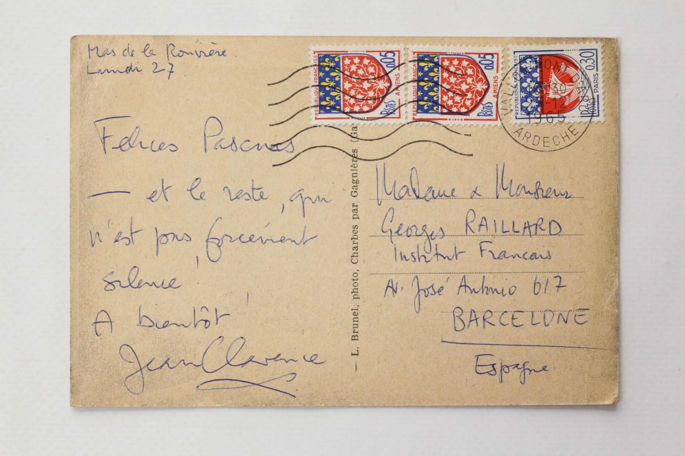 LAMBERT : Carte postale autographe signée adressée à Georges Raillard -  Signed book, First edition 