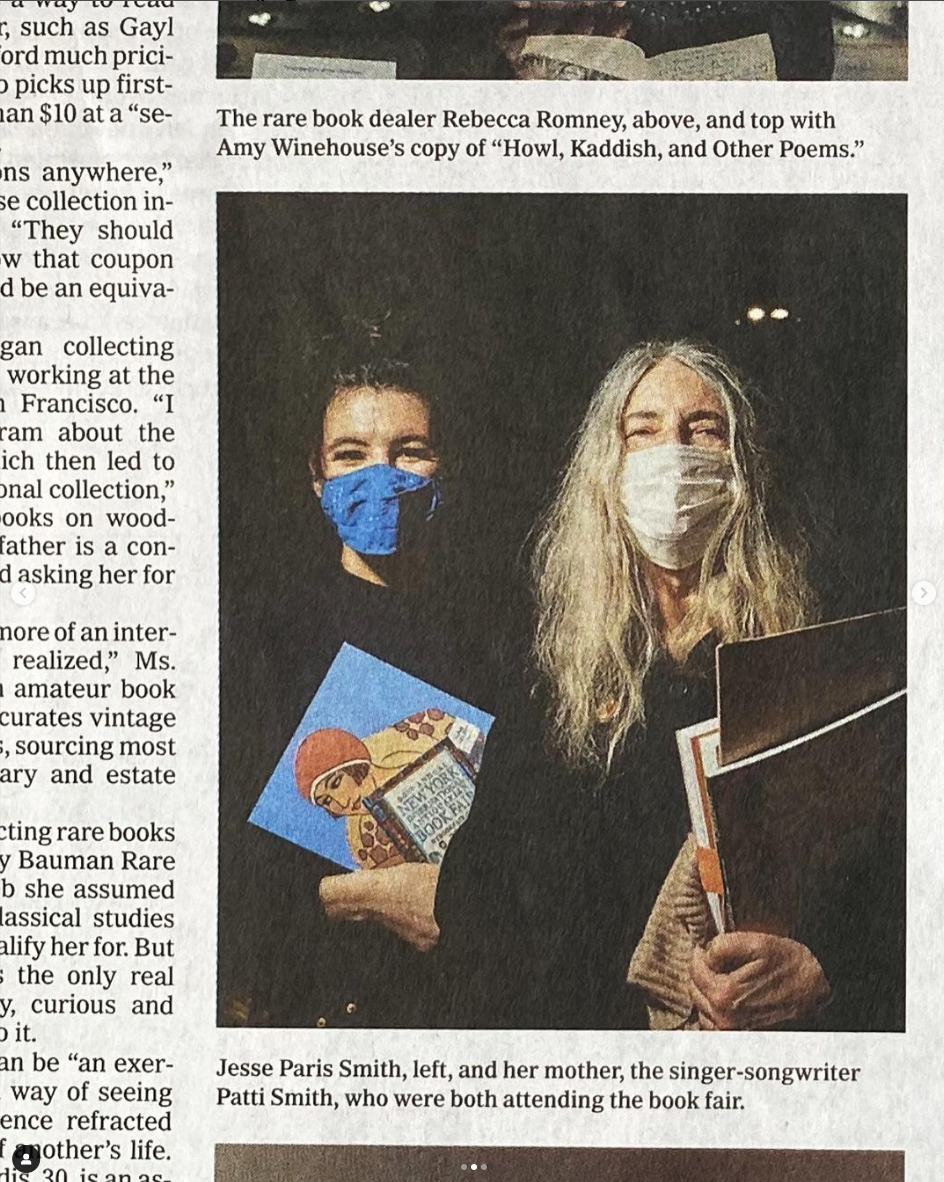 Patti Smith et Jesse Paris Smith at the New York ANtiquarian Book Fair 2022, in the New York Times, with Rare Books Le Feu Follet catalogue